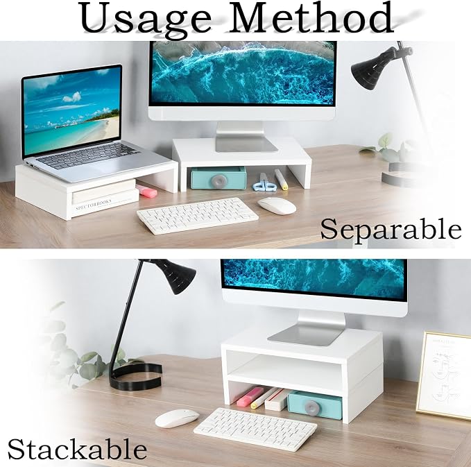 TEAMIX White Monitor Stand Riser - 2 Pack, Wood 2 Tier Adjustable Dual Monitor Riser for Laptop/PC Computer Stand for Desk - Image 3