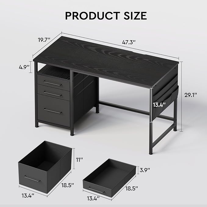 Maihail Small Desk with Drawers, Office Desk with Storage Shelves, Black | 47 Inch Desktop, Metal Frame, 3 Fabric Drawers, Storage Shelves, Computer & Writing Desk, Office Gaming Workstation - Image 5
