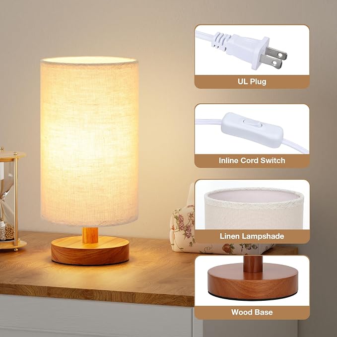 Fenmzee Small Table Lamps (Beige Shade - Walnut Base, 9" Inline Control) | 3000K LED Blub Included | 680 Lumens | Easy Assembly | Minimalist Design | E26 | for Kitchen | for Kids Room - Image 2