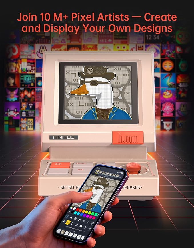 Divoom MiniToo Retro PC-Style Computer Speaker, Pixel Screen with DIY Faces | Bluetooth & USB Audio, Alarm/White Noise Clock, Desk Setup Gifts for Gaming - Image 4