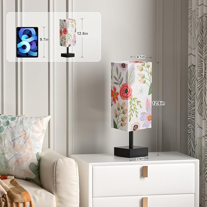 aooshine Small Bedside Table Lamp for Bedroom - Square Floral Fabric Shade | Inline Rocker Switch, Corded Electric, Bulb Not Included, 12.8" Mini Table Lamp for Nightstand, Desk, Dorm, Office - Image 3