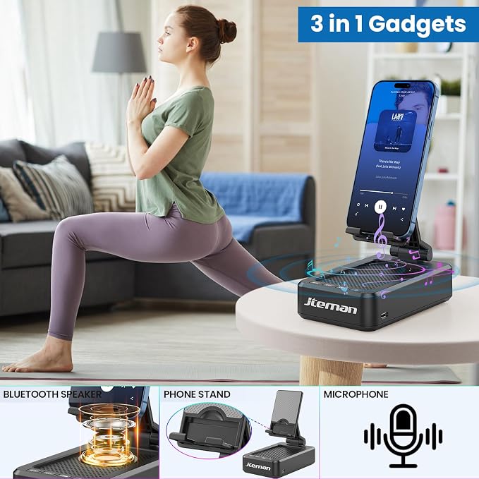JTEMAN Cell Phone Stand with Bluetooth Speaker, HD Stereo Sound & Anti-Slip Base, Foldable Adjustable Desktop Phone Holder for Home Office, Cool Tech Gadgets Birthday Gifts for Men Women (Black) - Image 2