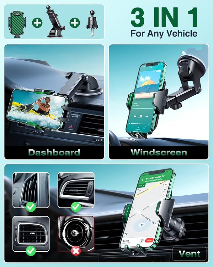 VANMASS Phone Holders for Your Car 2026 Ultimate Phone Mount Military-Grade Windshield Dashboard Vent【Newest Best Strongest】 Cell Phone Car Mount for iPhone 16 Pro Max 15 Samsung Android,Green - Image 4