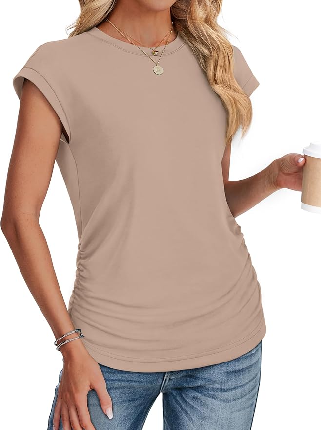 Sampeel Womens Summer Tops Trendy 2026 Ruched Cap Short Sleeve Tshirts Shirts Crew Neck T Shirts Fashion - Image 3
