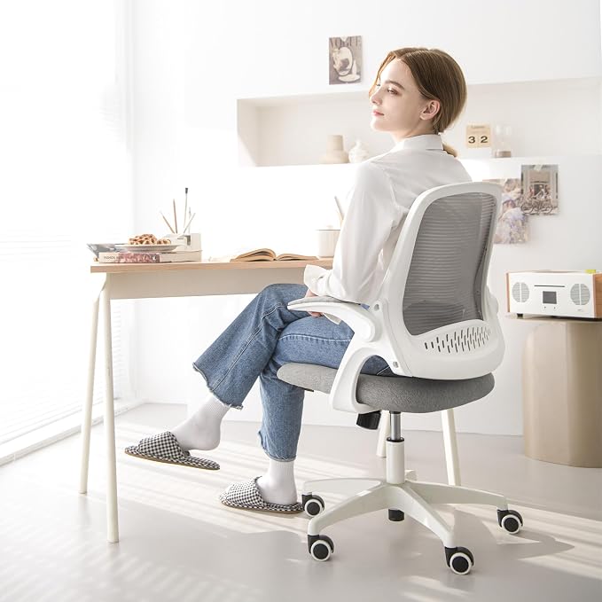 NEO CHAIR Office Desk Chair, Ergonomic Mesh with Flip-Up Armrests, Grey | Lumbar Support, Height Adjustment, 360° Swivel and Rolling Base, Space-Saving Design for Home Office, Vanity or Study - Image 8