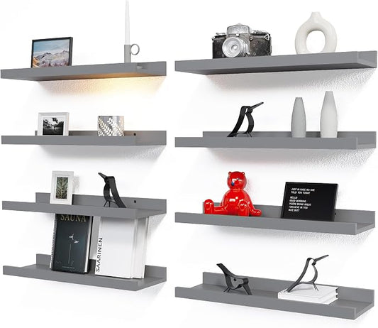RICHER HOUSE 8 Set Floating Wall Mounted Shelves, Nursery Hanging Book Shelves with Lip for Storage, Gray Display Picture Ledge Shelf for Bedroom Bathroom Kitchen Living Room Wall Decor, Modern Grey | Display Picture Ledge Shelf, Anti-drop lip Shelf fo... by RicherHouse