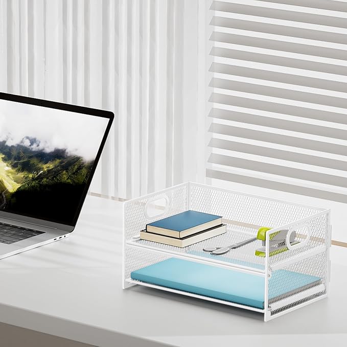 Marbrasse 2 Tier Paper Organizer Letter Tray, Mesh File Organizer with Handle, Paper Sorter Desk Organizer for Home Office Supplies - 2P White - Image 3