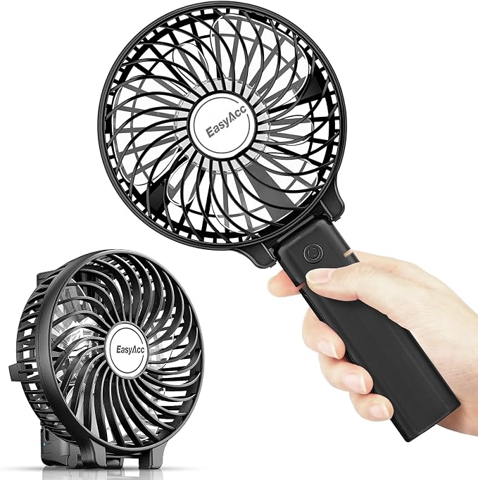 EasyAcc Handheld Fan Portable Rechargeable, Ultra Quiet &180° Foldable & Up 10 Hours & 3 Speeds Powered Personal Battery Foldable Adjustable Fan Home Travel Outdoor Office Black by EasyAcc