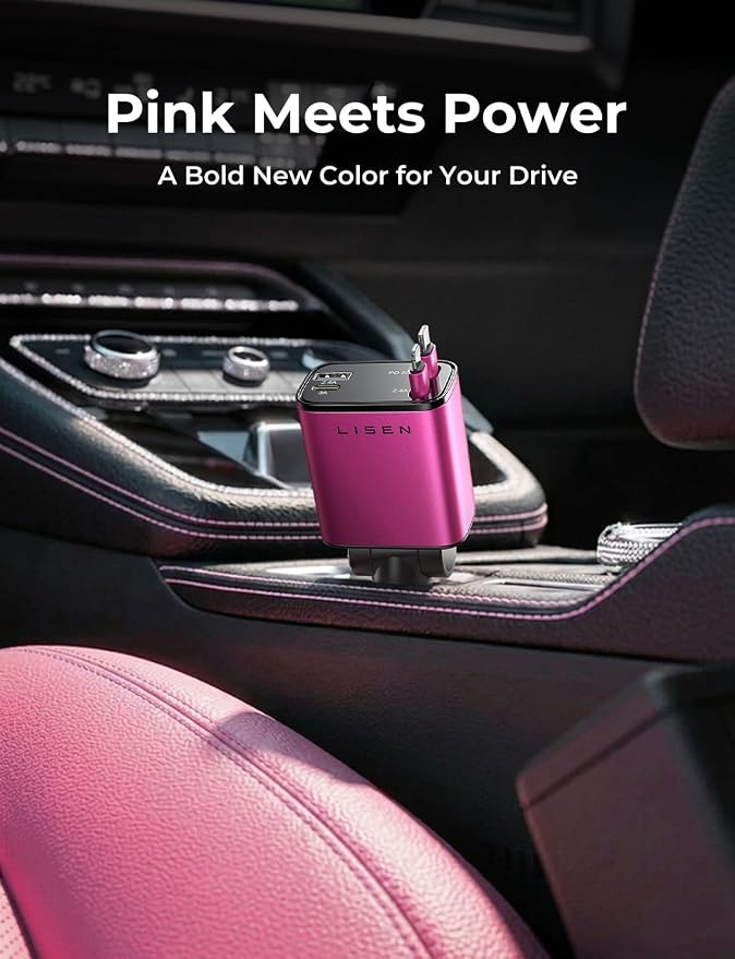 LISEN Retractable Car Charger, 84W Car Charger USB C Fast Charger Adapter, Car Accessories for Men Women, Gifts for Fathers Day for Men Dad Husband, for iPhone 17 16 15 14 13 12 Pro Max, Pink-Black | USB C Car Charger Fast Charge, Pink-Black Car Access... - Image 2