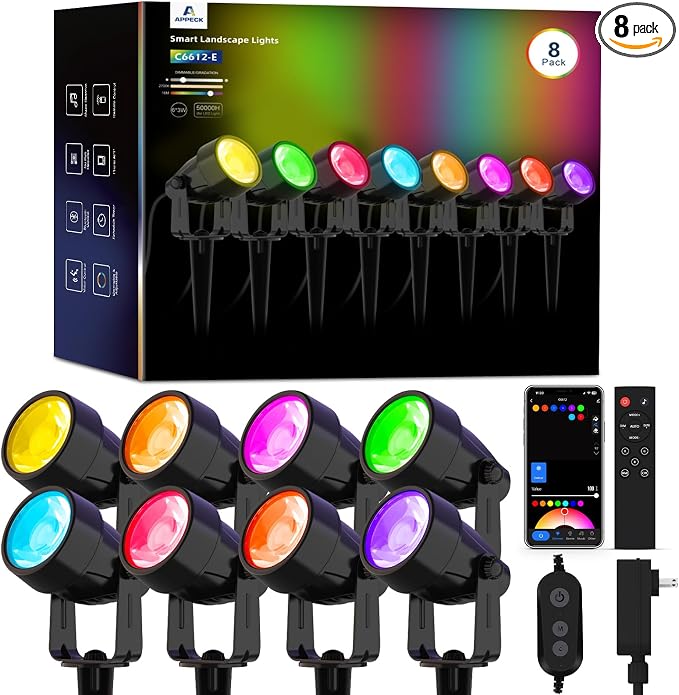 APPECK Landscape Lighting, RGBW Spotlights with APP Control,8 Pack | Color Changing Low Voltage Lights,IP65 Waterproof Outdoor Landscape Lights for Garden Yard Outside Decoration by APPECK