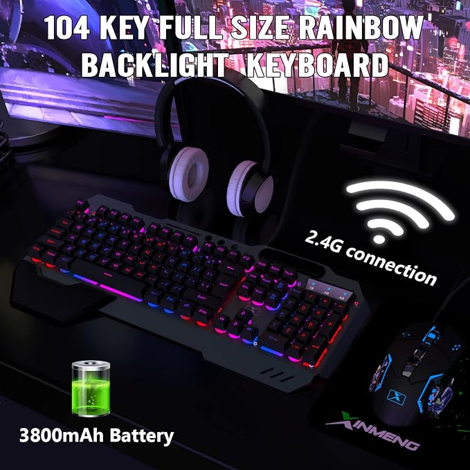 Wireless Gaming Keyboard and Mouse Combo,Rainbow LED Backlit Keyboard with Rechargeable 3800mAh Battery Metal Panel,Removable Wrist Rest Mechanical Feel and 7 Color Mute Gaming Mice for PC PS4 PS5 - Image 5