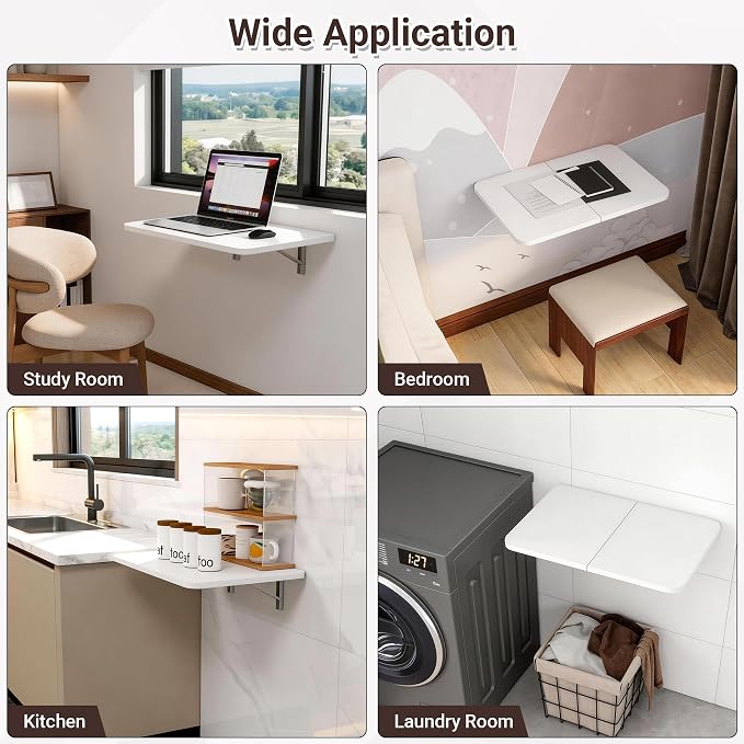 Neoaider Wall Mounted Folding Desk 23.6” x 15.7”, White | Drop Down Table with Metal Collapsible Brackets, Folding Wall Table for Small Spaces, Home, Office, Kitchen, Laundry Room - Image 7