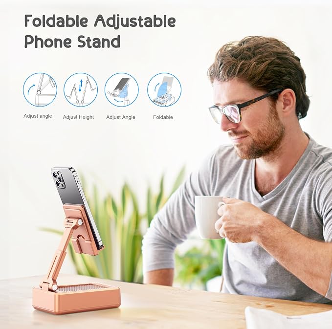 TechGlow Gifts for Men Women Foldable Cellphone Stand with Bluetooth Speaker and Charging Function Birthday Gift Idea for Mom Dad Cool Gadget Tech Gifts-Rose Gold - Image 7