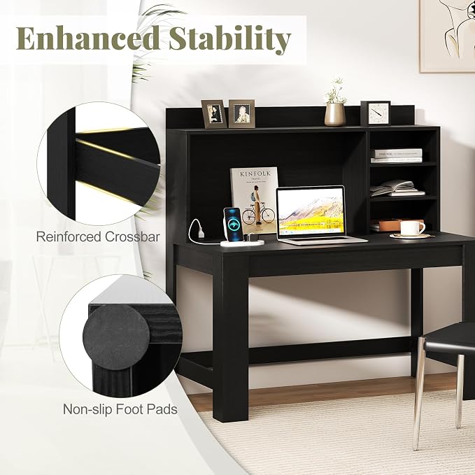 Giantex Computer Desk with Hutch, Modern Home Office Desk with Power Outlets, Storage Shelves & Cable Hole, Makeup Vanity Table, Study Writing Desk for Bedroom Office Small Space (Black) - Image 7