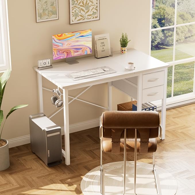 Sweetcrispy 40-Inch Computer Desk with Drawers, Office Desk, White | Small Desk for Bedroom Home Office with Side Hook, Modern Simple desk with storage for Writing - Image 4