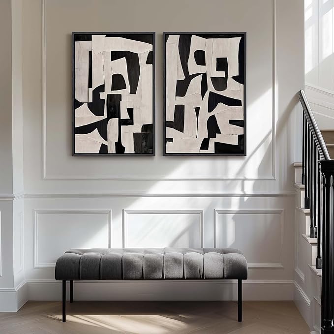 Large Framed Black and Beige Abstract Wall Art, Set of 2 Piece Minimalist Canvas Paintings Artwork for Walls, Modern Art Prints Pictures for Living Room Hallway Dining Room Bedroom Office Wall Decor - Image 4