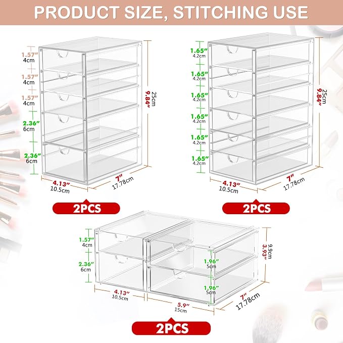 caktraie 6-Pack 30-Drawer Acrylic Storage & Makeup Organizer for Desk | Smooth-glide drawers, clear body, dustproof, for office supplies, pens, stationery, jewelry, cosmetics, craft bits - Image 3