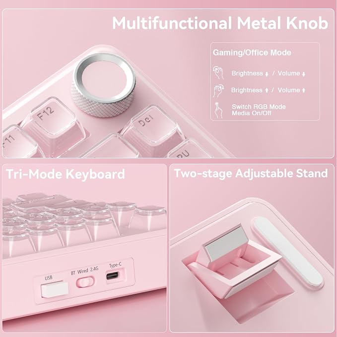 SOLAKAKA A75 Wireless Gaming Keyboard with Multifunction Knob, BT5.0/2.4GHz/USB-C, 75% Mechanical Keyboard, Hot-Swappable, Gasket Creamy Keyboard with RGB Backlit, Crystal Keycaps, for PC/Mac/PC - Image 7