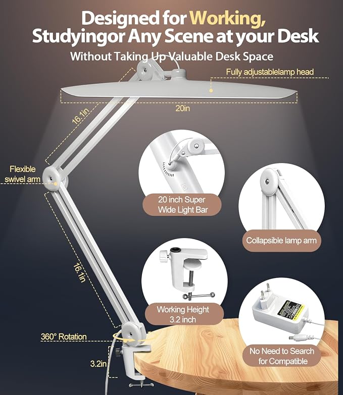 Led Desk Lamp with Clamp, Eye Caring Architect Desk Light for Home Office, Dual Screen Computer Monitor Gooseneck Adjustable Arm 20" LED Lamp, Stepless Dimming, for Nails &Salon, Reading, Workbench - Image 4