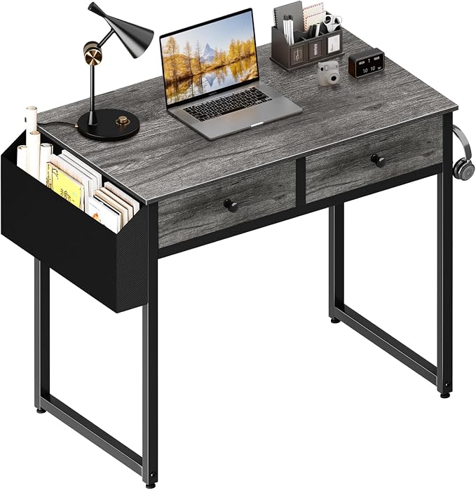 Lufeiya Small Desk with Drawers - for Bedroom, 32 Inch Home Office Computer Desk with Fabric Storage Drawer and Bag, Study Writing Table for Small Spaces, Gray by LUFEIYA