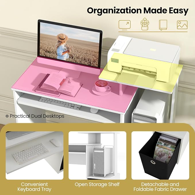 Tangkula Computer Desk with Fabric Drawer & Keyboard Tray, Space-Saving Study Writing Desk with Open Storage Shelves & Printer Stand, Modern Home Office Computer Workstation for Small Spaces (White) - Image 7