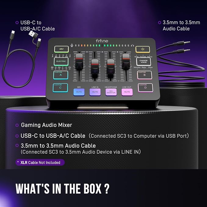 FIFINE Gaming Audio Mixer, Streaming RGB PC Mixer with XLR Microphone Interface, Individual Control, Volume Fader, Mute Button, 48V Phantom Power, for Podcast/Recording/Vocal/Game Voice-AmpliGame SC3 | USB PnP For PC,Mute Button,XLR Preamp,RGB,Voice ch... - Image 9