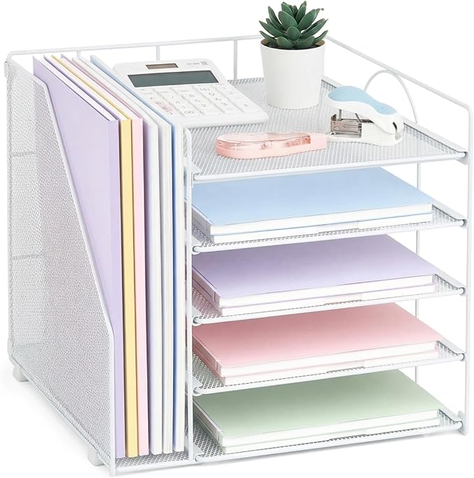 LEKETREE Desk Organizers and Accessories, 5-Tier Paper Letter Tray Organizer with File Holder, Desktop Organizer for Office Supplies (White) by Stylishworkspaceeffortlessorganization
