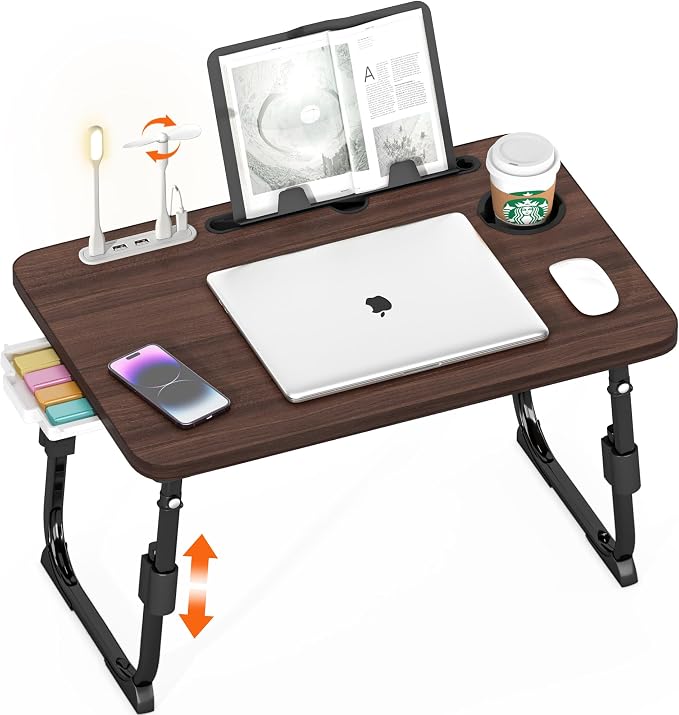 Lap Desk for Bed, Adjustable Laptop Desk with USB Charging Port, Storage Drawer & Bookshelf — Foldable Bed Desk for WFH & Students, 23.6" Desktop Fits 21" Laptop, Non-Slip, Walnut by PlayimaginationtodecorateHomeOffice