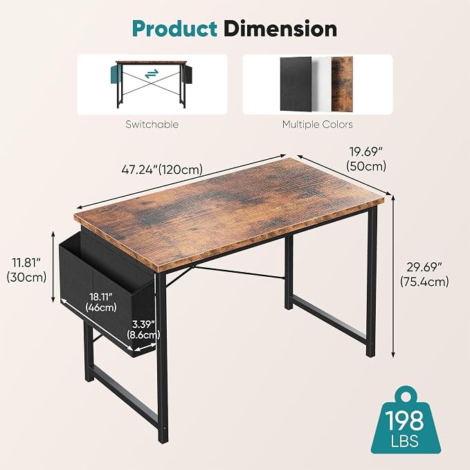 OLIXIS Computer Desk, 47 Inch Gaming Desks for Home Office Small Spaces | Writing Study Craft Work Table, Computer Workstation for Bedroom with Storage Bag, Rustic Brown - Image 3