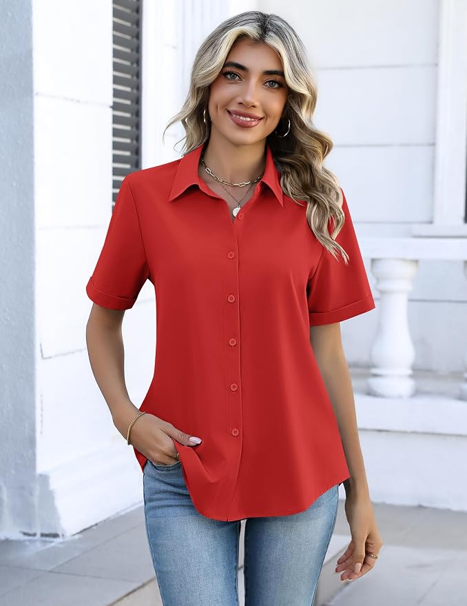 Zeagoo Button Down Shirts for Women Short Sleeve Collared Tops Dressy Casual V Neck Blouses - Image 5