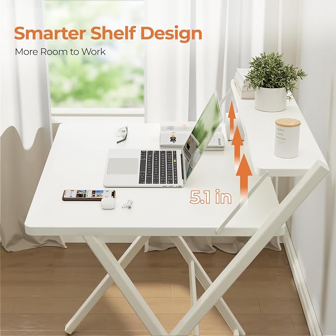 GreenForest Folding Desk No Assembly Required Large Size, 2-Tier Foldable Computer Desk with Shelf for Home Office, Space Saving Portable Laptop Study Foldable Table for Bedroom, White | Portable Foldable Table for Laptop, 2-Tier Compact with Shelf, Sp... - Image 5