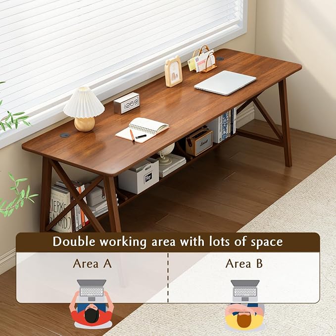 NELYE Extra Long Writing Desk with Bookshelf, 63" Wx24 Dx30 H, Walnut | Wooden Home Office Work Study Table, Computer Gaming Workstation with Storage Shelf, Sturdy MDF Resists Wobble - Image 4