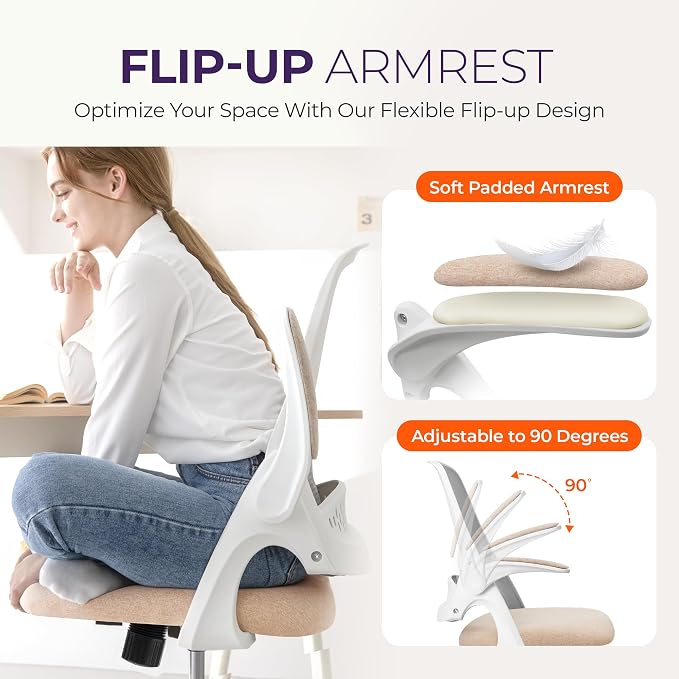 NEO CHAIR Office Desk Gaming Ergonomic Computer Chair with Lumbar Back Support Adjustable Height Swivel Rolling Wheels Flip-up Arms Mesh Chair for Home Vanity (Beige) | Lumbar Support, Height Adjustment, 360° Swivel and Rolling Base, Space-Saving Desig... - Image 6