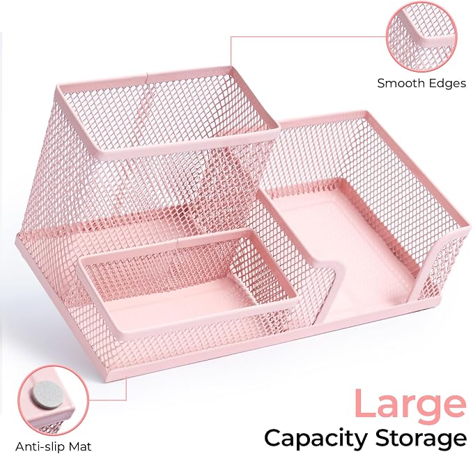 M&G Mesh Pen Holder Desk Organizers Pencil Holder for Desk Pink, 3 Compartments Metal Office Supply Organizer with Sticky Notes Holder for Home Office - Image 3