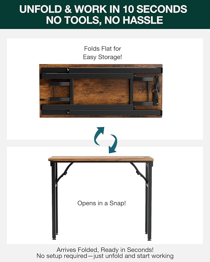 Frylr Small Folding Computer Desk – 35.8 Inch Portable Table for Craft and Study, Lightweight Desk for Small Spaces, Foldable Laptop Table Built-in AC/USB Outlets for Convenience, Rustic Brown - Image 3