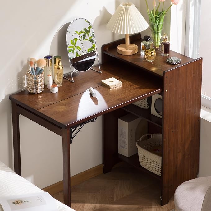 Bamboo Folding Desk with Storage, Foldable Desk for Small Spaces, Brown | Space-Saving Computer Desk with Storage, Compact Size, Writing Study Table for Home Office, Bedroom, Dorm, Apartment - Image 7