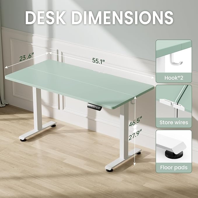 Veken Standing Desk, Green, 55×23.6 Inch | Height Adjustable Sit Stand Up Computer Tables for Home Office, Study , Writing, Suit students, employees and group work - Image 2