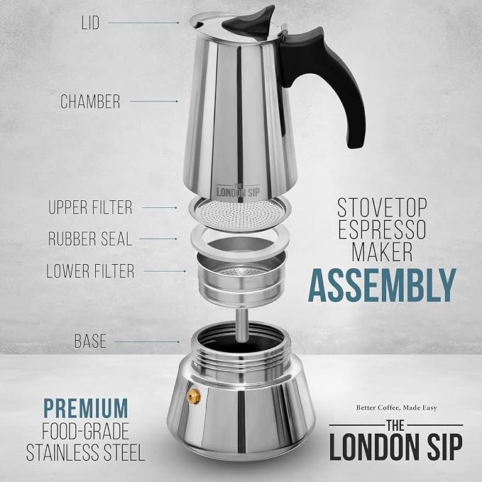 London Sip Stainless Steel Stovetop Espresso Maker Moka Pot Italian Coffee Percolator, Matte Black, 3 Cup - Image 9