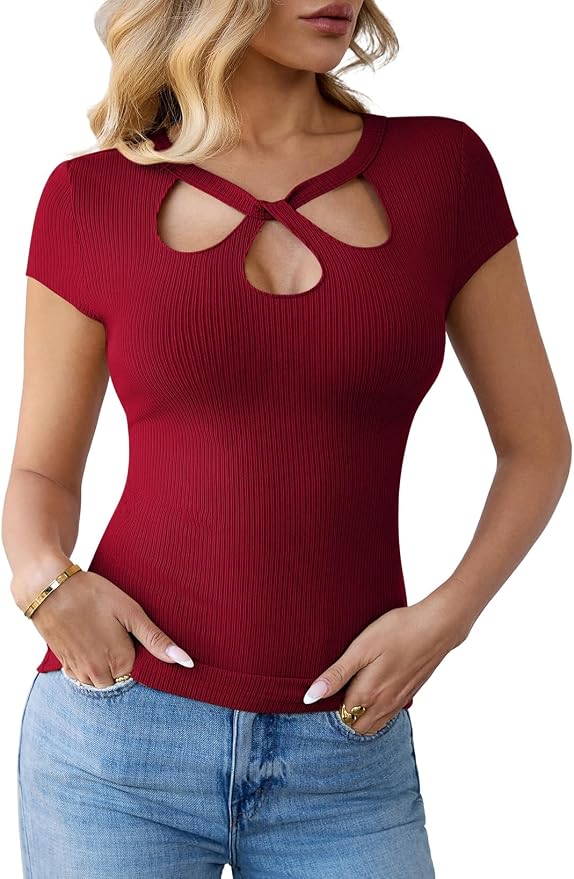 Pink Queen Sexy Tops for Women Cutout Keyhole Neck Cap Sleeve Shirts Casual Summer Clothes 2026 Fashion - Image 7