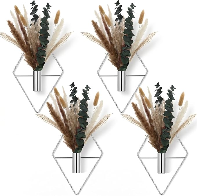 Jexine 8 Pcs Hanging Planters with Artificial Pampas Metal Hanging Vase Indoor Plants Holder Modern Geometric Boho Bathroom Wall Decor for Living Room Home Office(Chrome Silver) by Jexine
