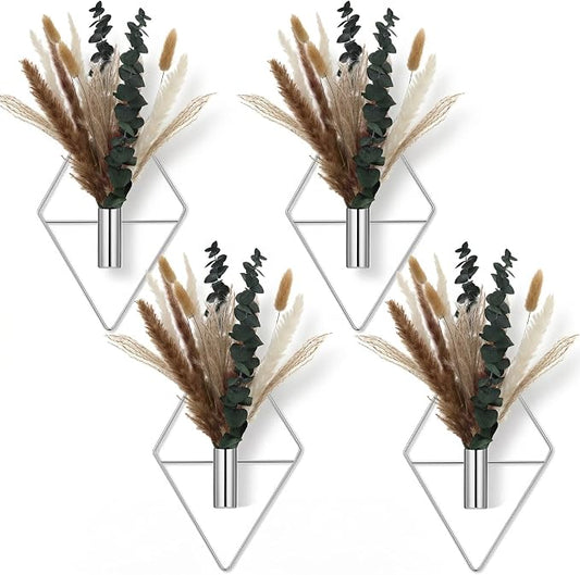 Jexine 8 Pcs Hanging Planters with Artificial Pampas Metal Hanging Vase Indoor Plants Holder Modern Geometric Boho Bathroom Wall Decor for Living Room Home Office(Chrome Silver) by Jexine