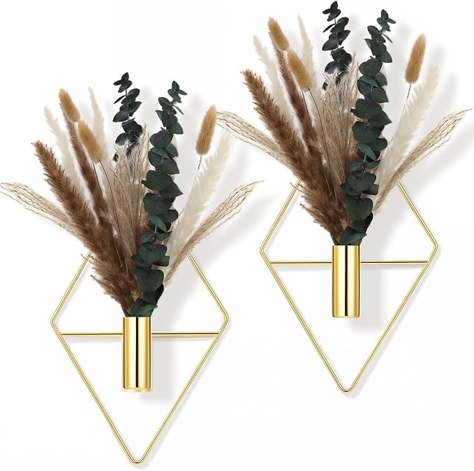 Jexine 4 Pcs Hanging Planters with Artificial Pampas Grass Metal Hanging Vase Indoor Plants Holder Modern Geometric Boho Bathroom Wall Decor for Living Room Home Office (Gloden) by Jexine