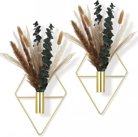 Jexine 4 Pcs Hanging Planters with Artificial Pampas Grass Metal Hanging Vase Indoor Plants Holder Modern Geometric Boho Bathroom Wall Decor for Living Room Home Office (Gloden) by Jexine