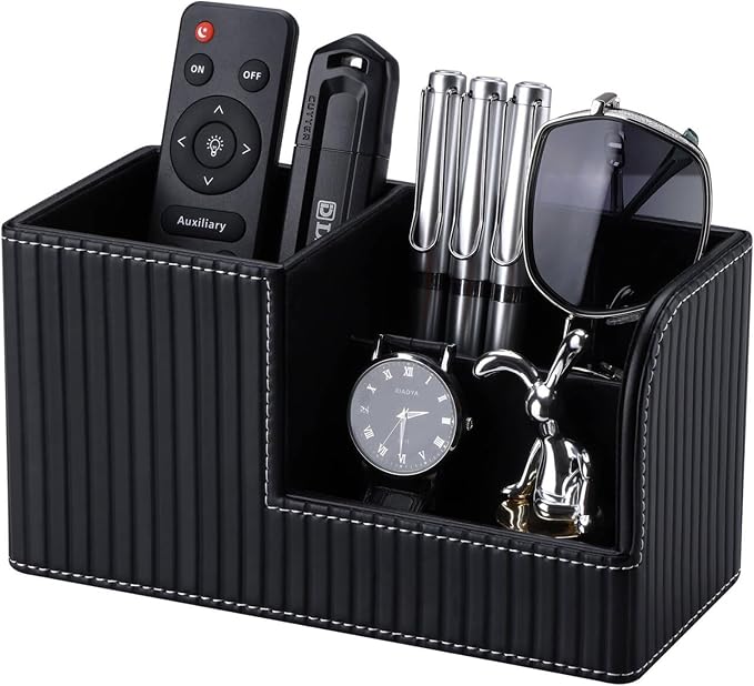 KINGFOM Desk Pen Organizer Office Supplies Caddy Pu Leather Multi-function Storage Box Pen/Pencil,Cell phone, Business Name Cards Remote Control Holder (Black) by KingfomLeatherHomeOfficeDecor