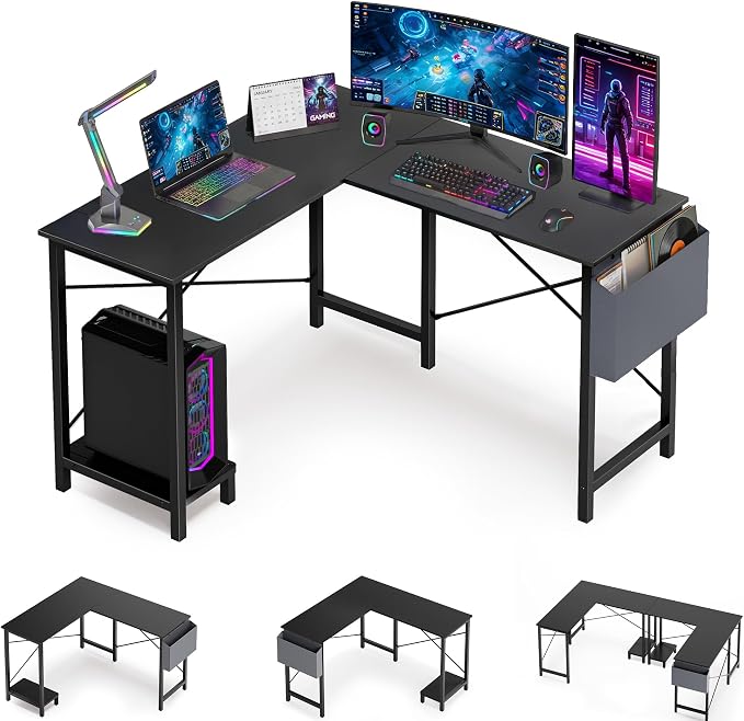 OLIXIS L Shaped Desk, Gaming Desk, Corner Table 50 Inch | Side Bag, Reversible Shelf, Home Work Study Writing, PC Workstation, Easy Assembly, Grey - Image 5