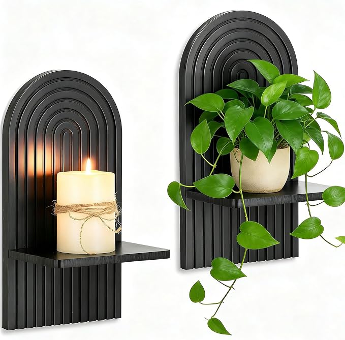 Black Wall Candle Holder: Wood Arch Candle Sconces Set of 2 | Modern Minimalist Shelf, with A Location Board Slot, for Plants Pillars, for Hallway Fireplace Bedroom by Walasis