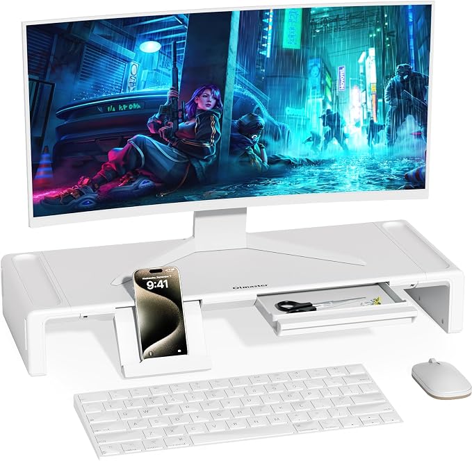 OImaster Monitor Stand Riser with Drawer - Adjustable Foldable Computer Monitor Stand for Desk, Desktop Organizer with Phone Holder & Pen Slot, Space Saving Laptop Riser for Home Office, White by Olmaster