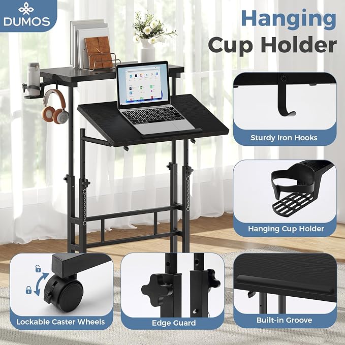 DUMOS Rolling Standing Desk, Sit Stand Desk, Computer Cart | 23.6 Inch Width, Height Adjustable, Split Top, Mobile Laptop Workstation, Office Table, Portable Design, Black - Image 3