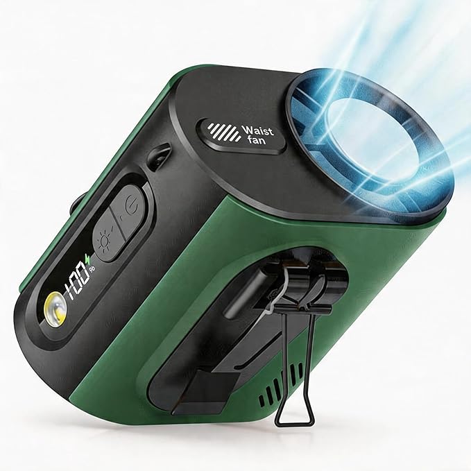 Portable Wearable Waist Fan,with Ice Cooler & Flashlight,10000mAh Rechargeable Clip On Belt Cooling Fan, 100-Speed 16000RPM Personal Body Fan,20H Work Time for Camping,Outdoor,Jobsite(Green) by Unknown