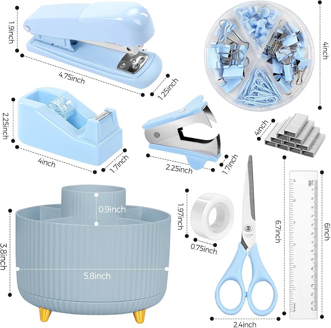 SKYDUE Desk Organizers and Accessories 10Pcs, 360-Degree Rotating Pen Holder, Stapler, Staple Remover, Tape Dispenser,2pcs Tape Refills, Binder Paper Clips Kit, Scissor (Blue) - Image 6
